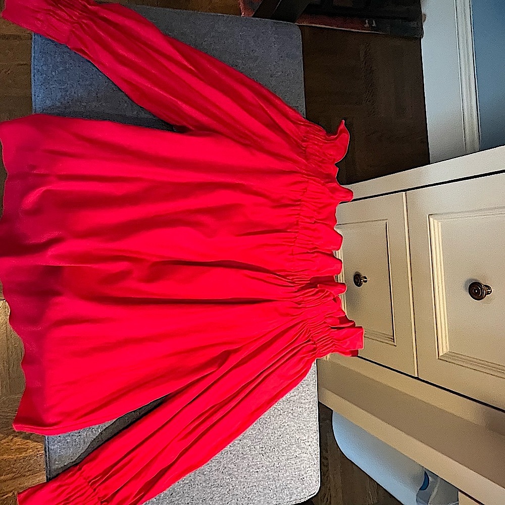 DONNA IDA VALENTINE’S DAY RED off the shoulder gathered long sleeve top. Size S.